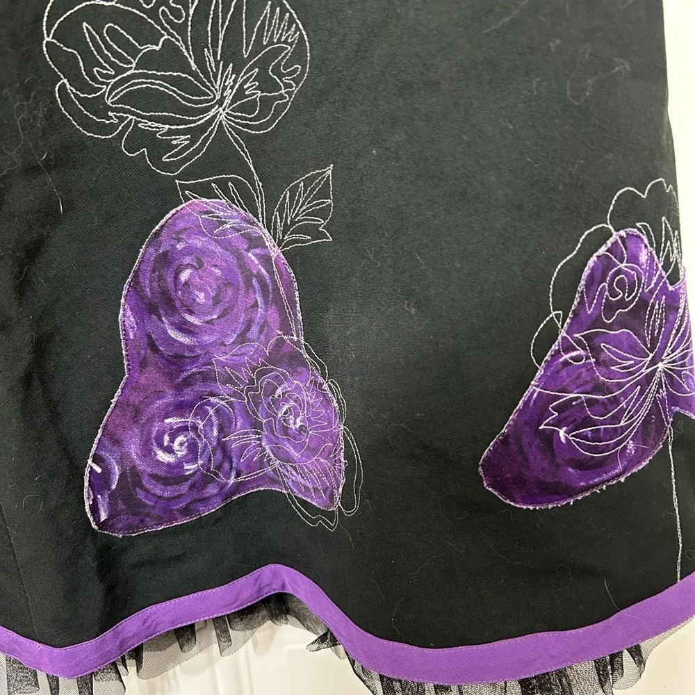 Black A-Line Skirt with Purple Rose Embroidery - Picture 2 of 8